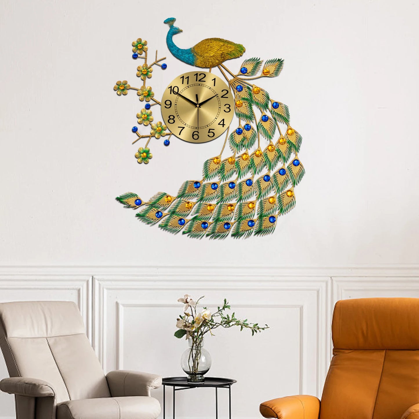 Iron Peacock Quartz Wall Clock for Living Room Decor