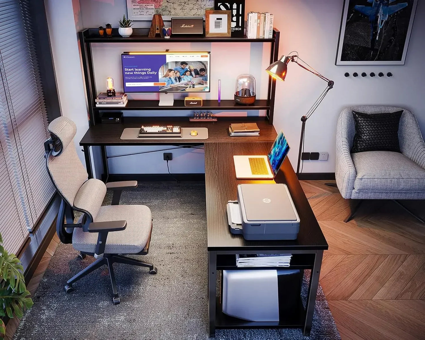 ANGDUO L Shaped Gaming Desk With Hutch And Storage