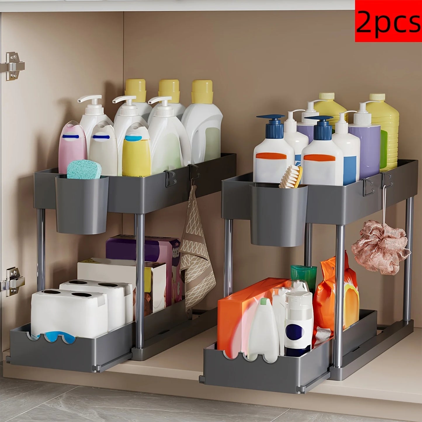 Two-Tier Sliding Cabinet Organizer Pull-Out Under Sink Rack Kitchen
