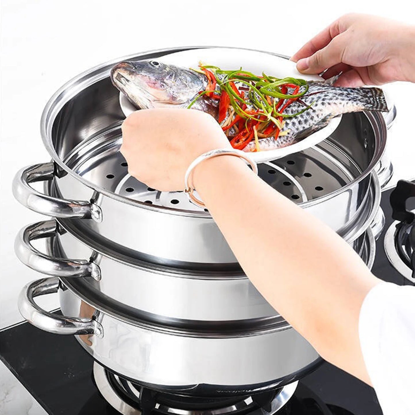 Stainless Steel Three Tier Steamer Pot Multi Function Cooker
