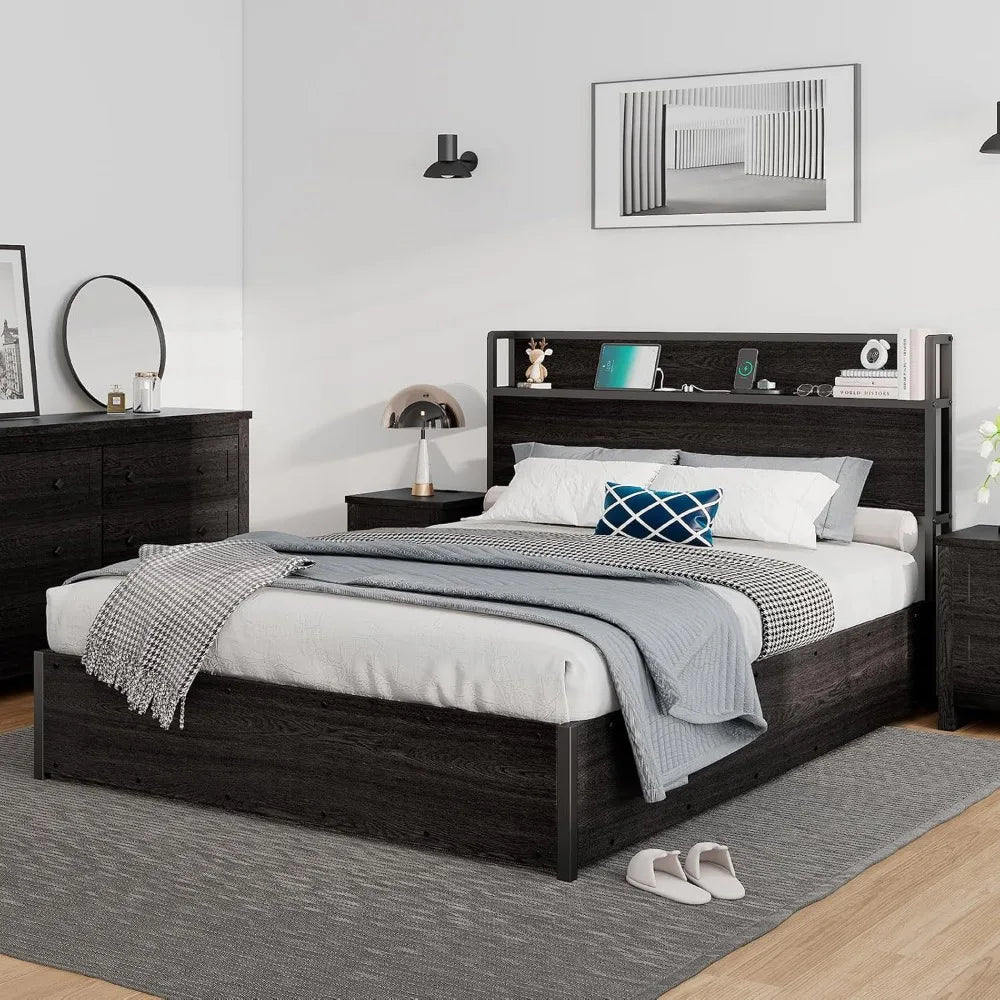 Storage Bed With Lift Platform And Charging Station Wood Headboard