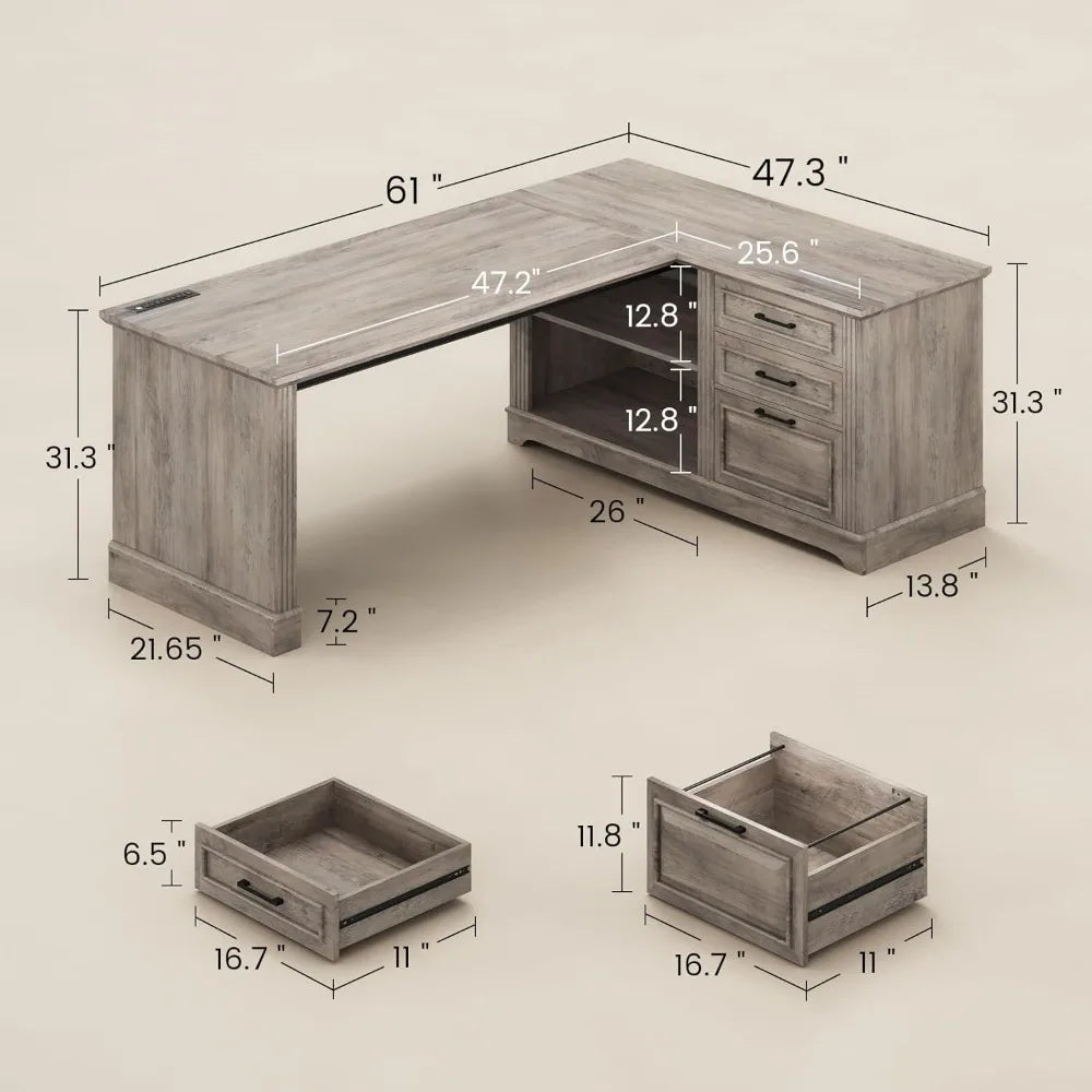 L-Shaped Executive Office Desk With File Storage And Power Outlets