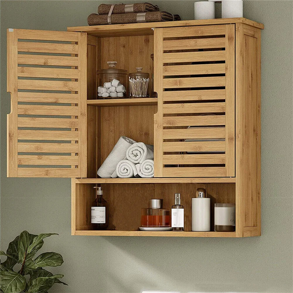 Premium Bamboo Wallmounted Cabinet Triple Tier Durable Bathroom Kitchen Organizer