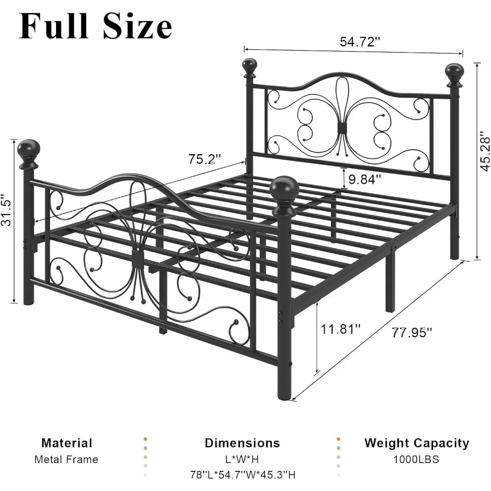 Metal Platform Bed Frame With Headboard And Footboard Butterfly Pattern