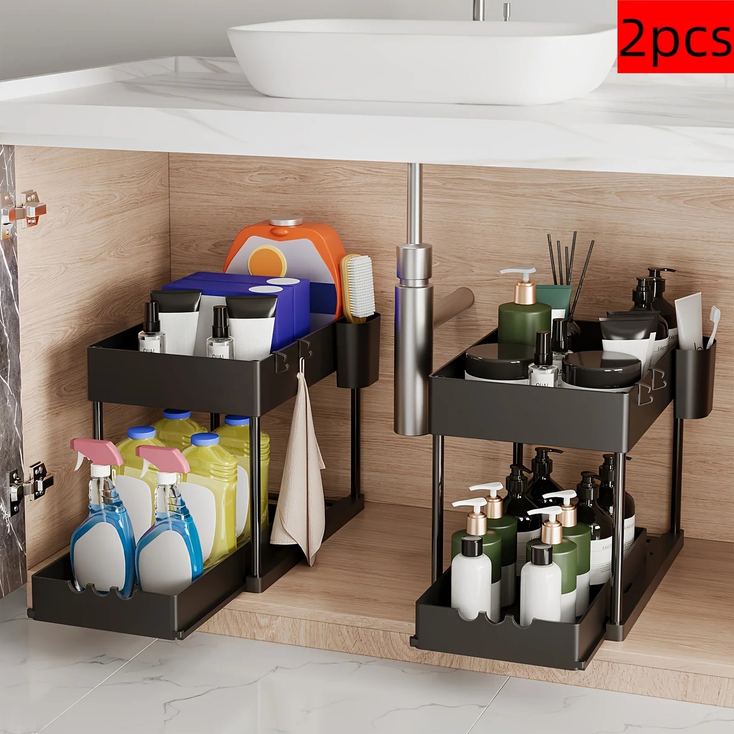 Two-Tier Sliding Cabinet Organizer Pull-Out Under Sink Rack Kitchen