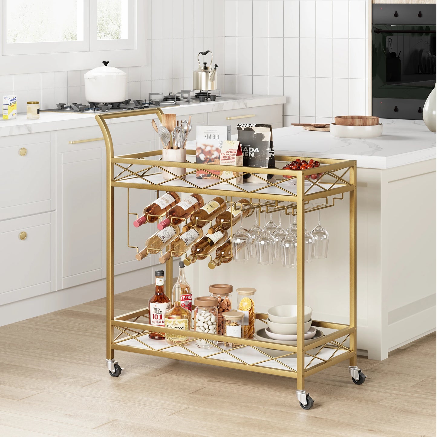 Hign-concerned Modern 2-Tier Rolling Bar Cart with Glass Holder