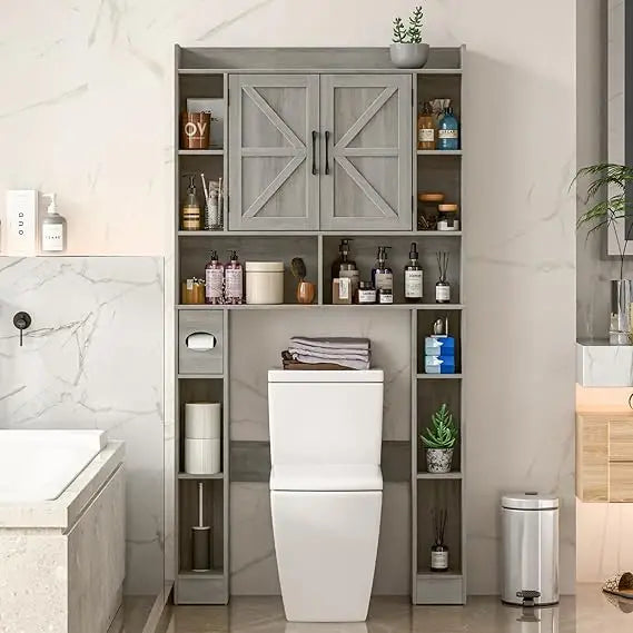 ZHIYONG Over The Toilet Storage Cabinet Farmhouse Toilet Cabinet With 3 Barn Doors Space Saving Bathroom Organizer