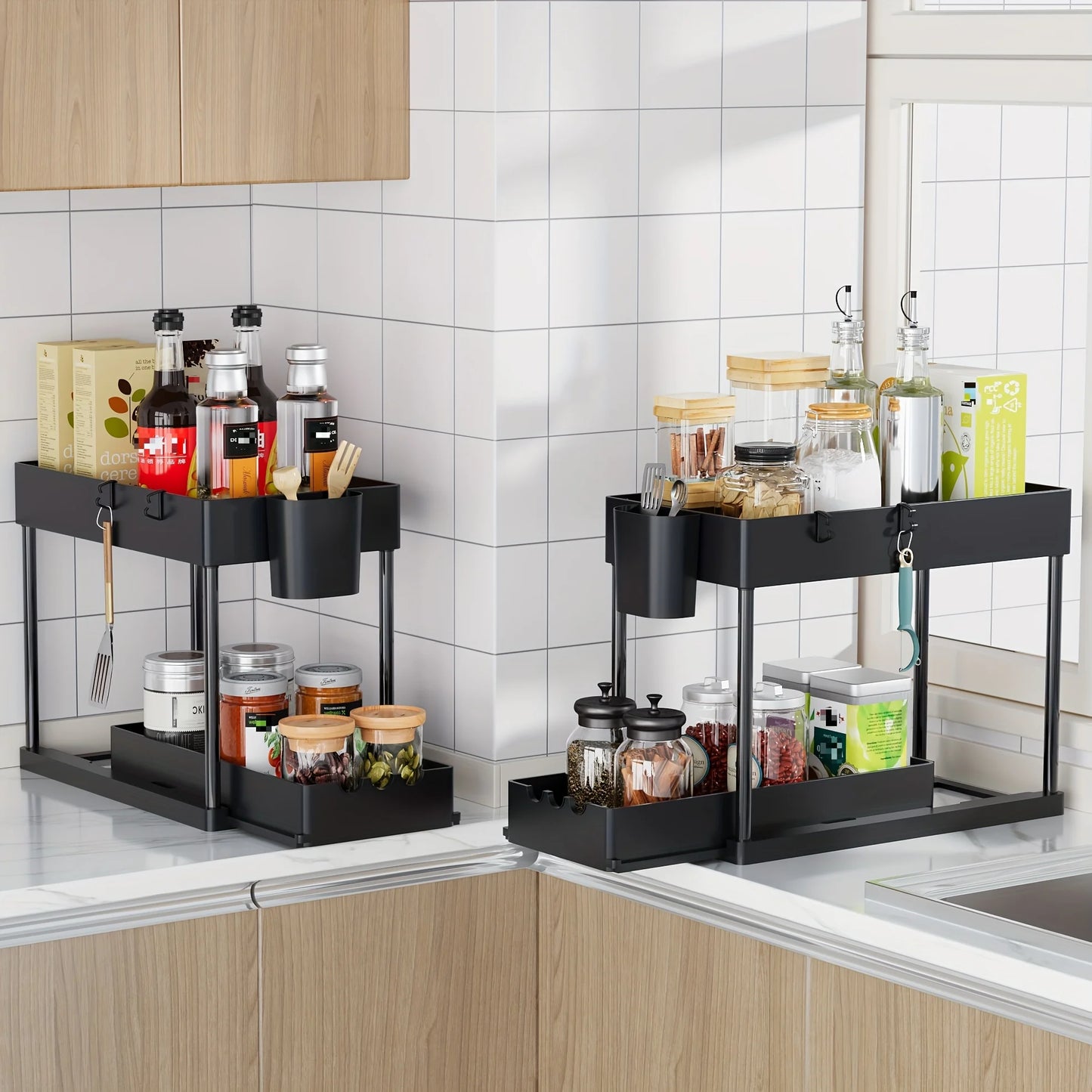 Two-Tier Sliding Cabinet Organizer Pull-Out Under Sink Rack Kitchen