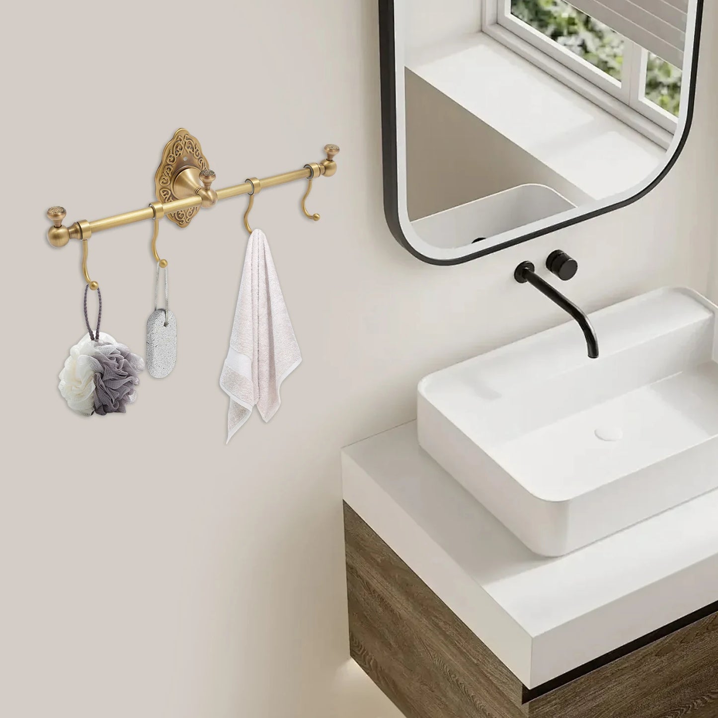 Hign Concerned Brushed Brass Wall Mounted Towel Rack With Four Hooks For Bathroom And Kitchen