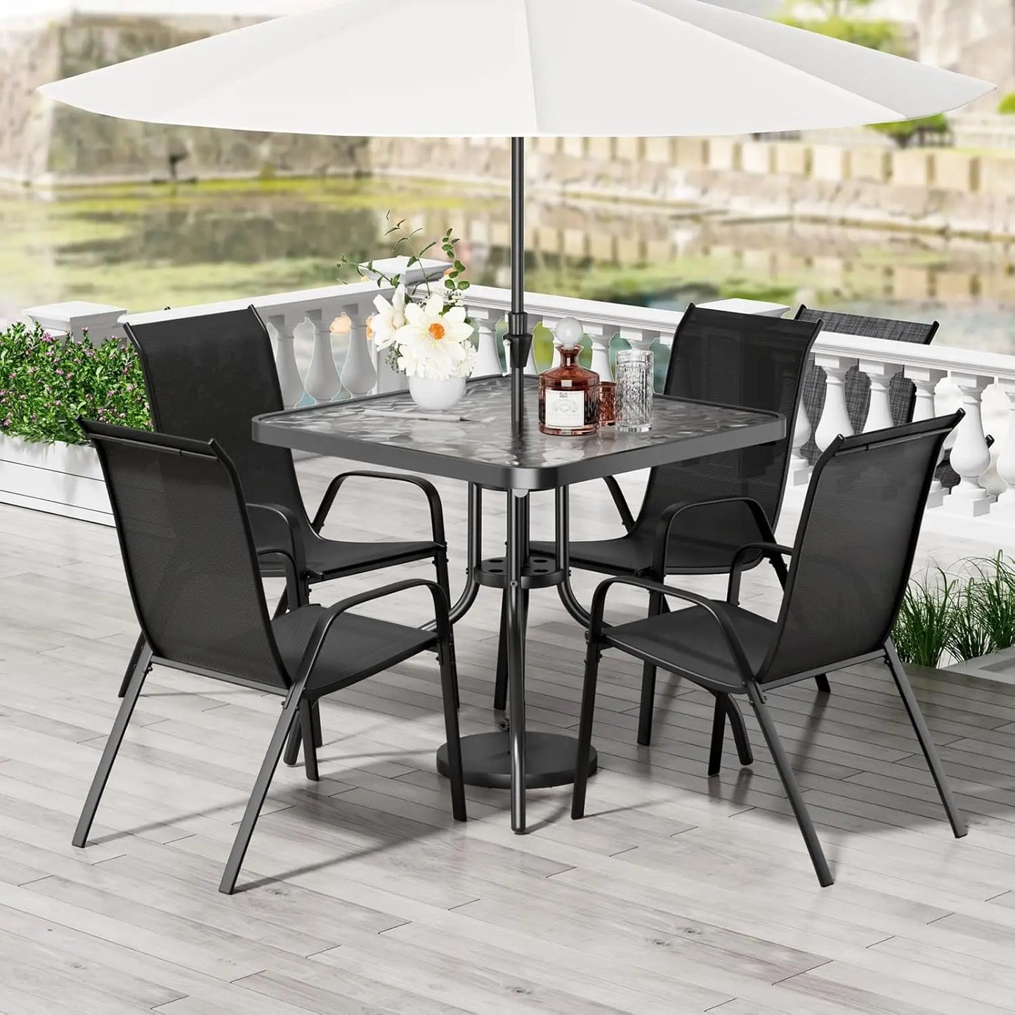 ZHUOTING Patio Dining Set 5 Pieces All Weather Outdoor Furniture With Stackable Textilene Chairs