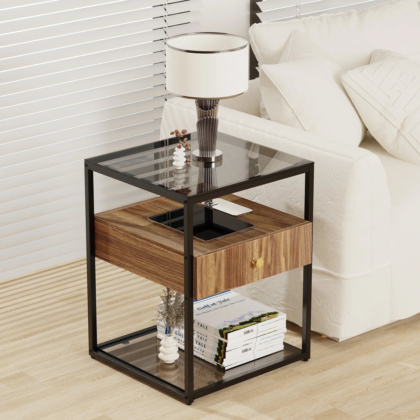 Drawer Tempered Glass Nightstand With Drawer And Shelf