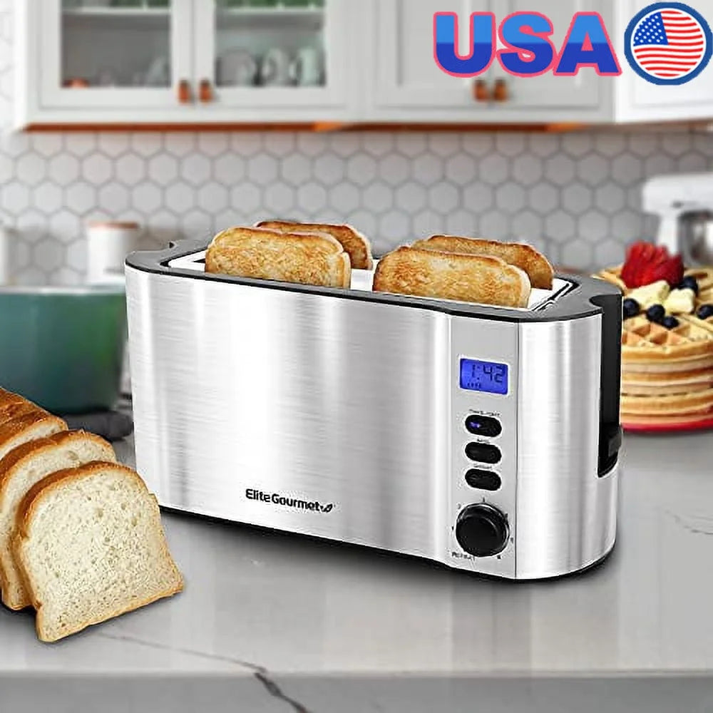 XMSJ 4 Slice Digital Stainless Steel Long Slot Toaster With LED Display Bagel Defrost Timer Auto Pop