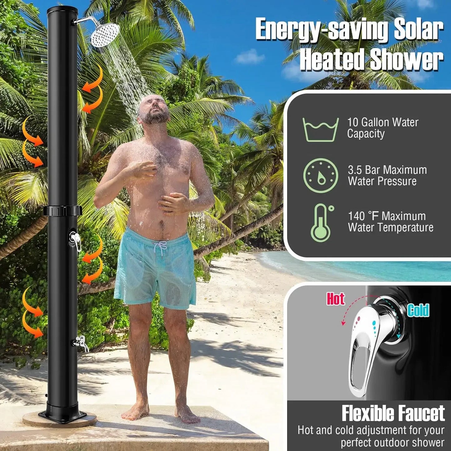 XMSJ Solar Heated Outdoor Shower Freestanding Garden Pool Shower With Rotating Head And Temperature Control