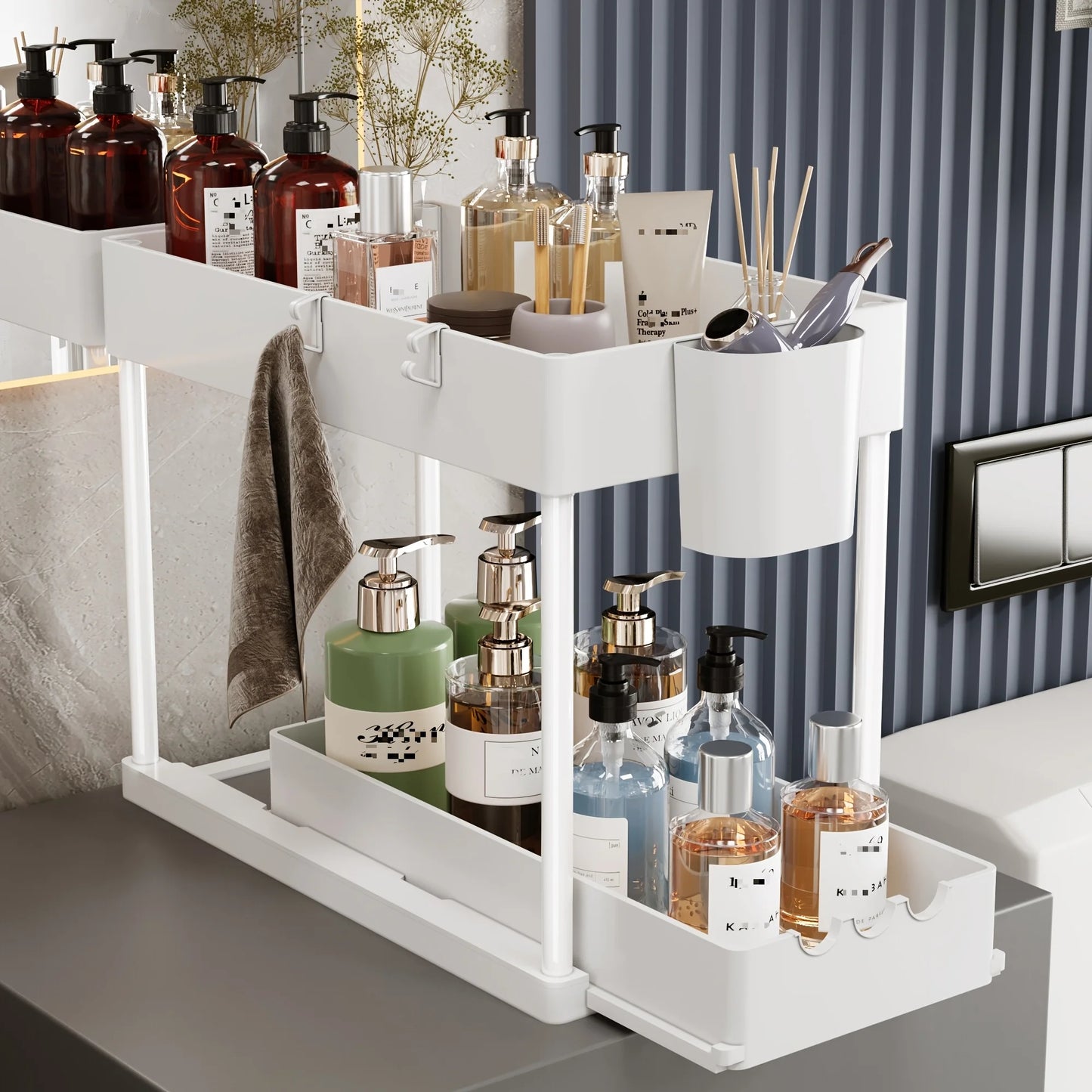 Two-Tier Sliding Cabinet Organizer Pull-Out Under Sink Rack Kitchen