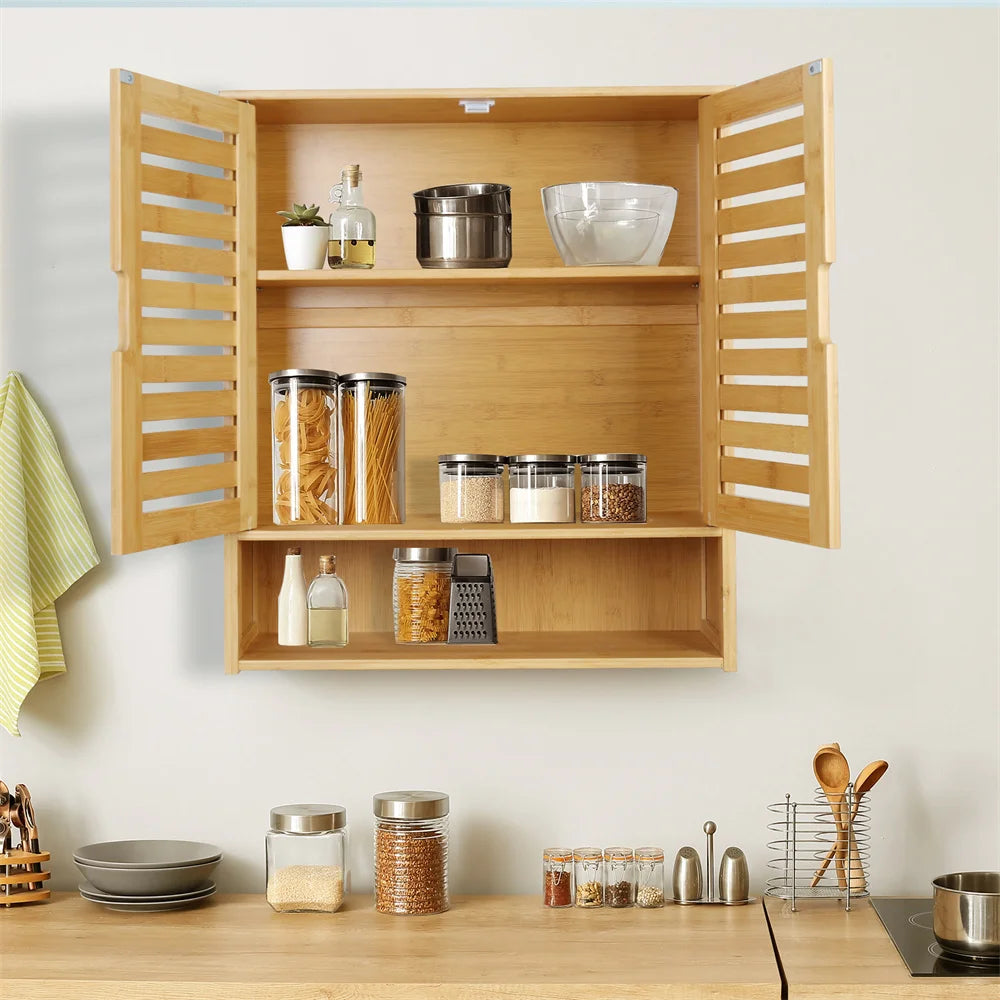 Premium Bamboo Wallmounted Cabinet Triple Tier Durable Bathroom Kitchen Organizer
