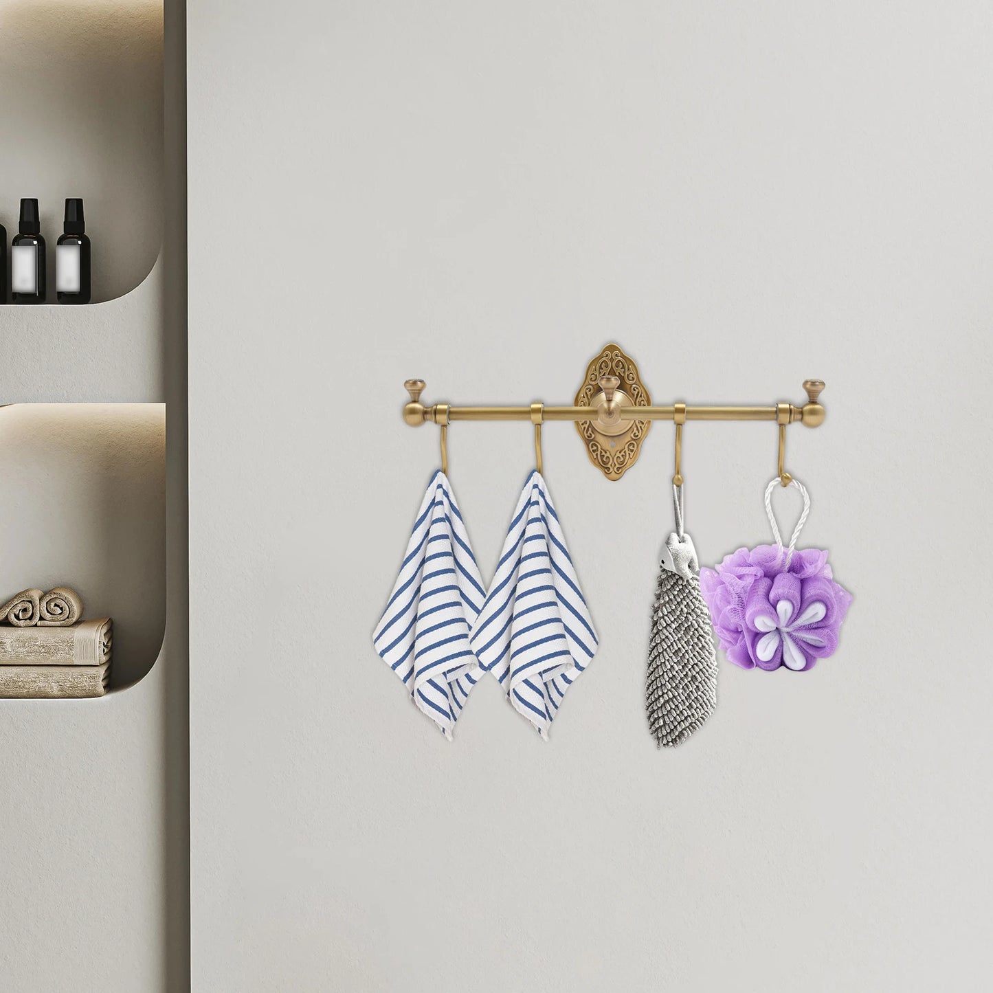 Hign Concerned Brushed Brass Wall Mounted Towel Rack With Four Hooks For Bathroom And Kitchen