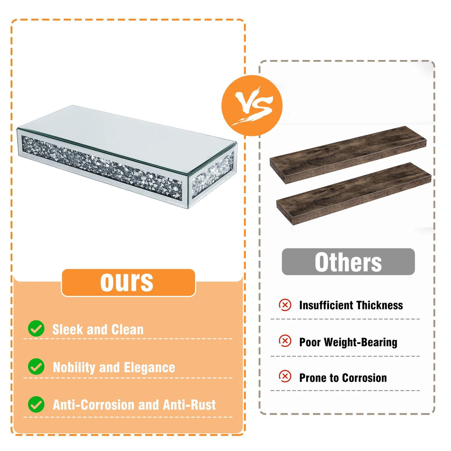 High-concerned Luxury Crushed Diamond Mirrored Wall Mounted Floating Shelf