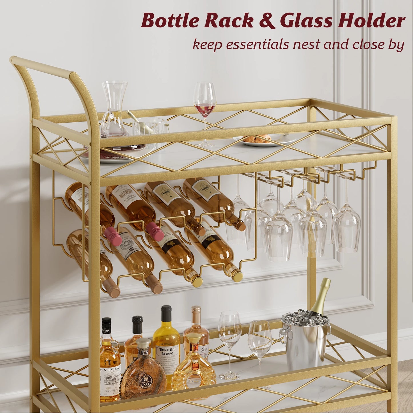 Hign-concerned Modern 2-Tier Rolling Bar Cart with Glass Holder