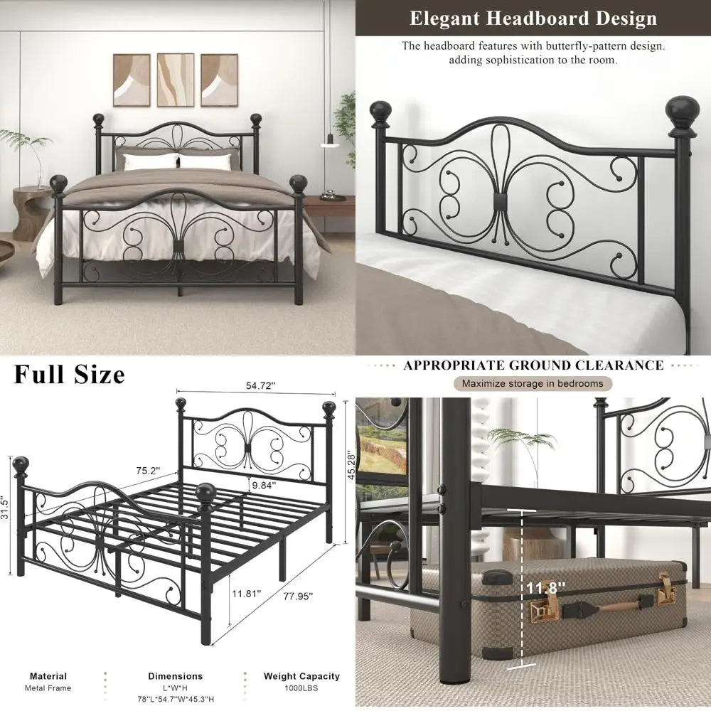Metal Platform Bed Frame With Headboard And Footboard Butterfly Pattern