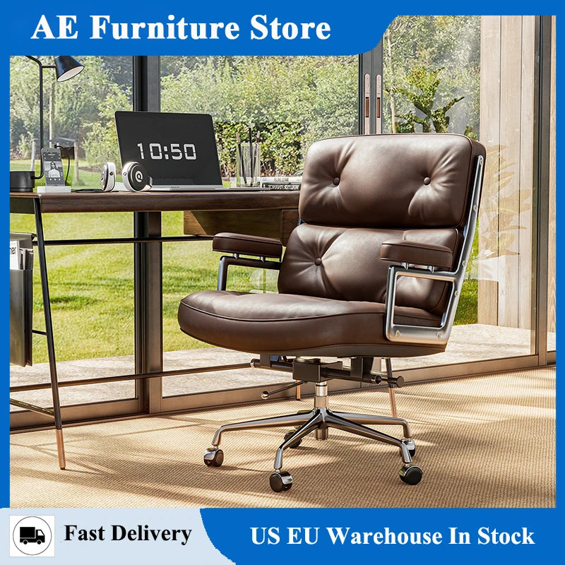 Furgle Ergonomic Genuine Leather Office Chair With Swivel Backrest