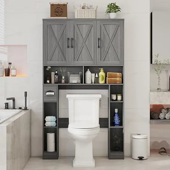 ZHIYONG Over The Toilet Storage Cabinet Farmhouse Toilet Cabinet With 3 Barn Doors Space Saving Bathroom Organizer