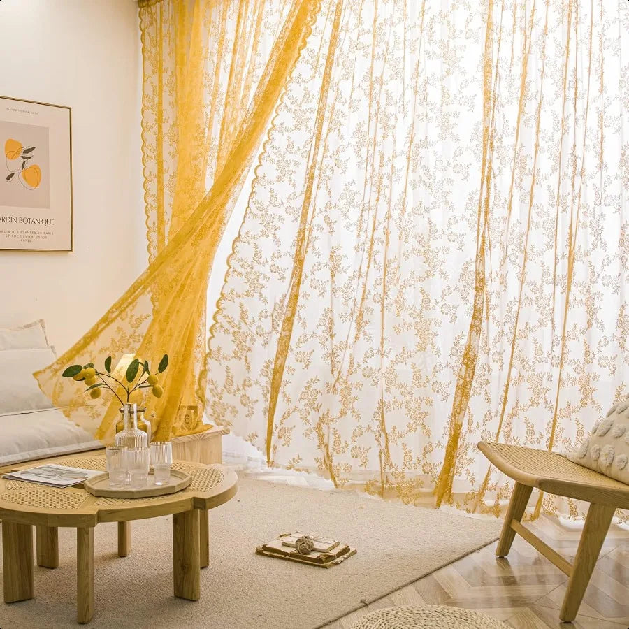 Lace Voile Window Curtain Panels With Floral Embroidery Sheer Pair