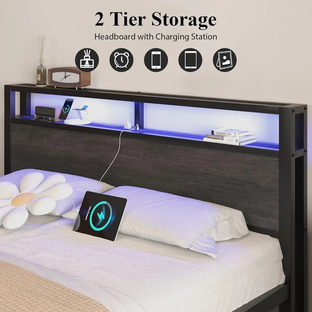 Industrial Style Bed Frame With Storage Headboard LED Lighting Charging Station