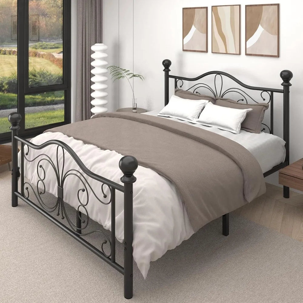 Metal Platform Bed Frame With Headboard And Footboard Butterfly Pattern