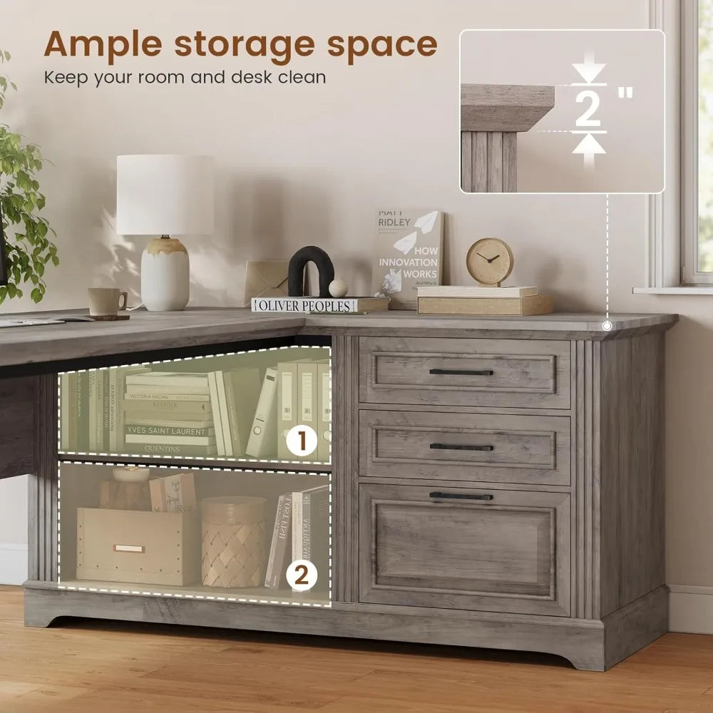 L-Shaped Executive Office Desk With File Storage And Power Outlets